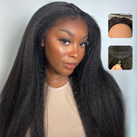 Nouvelle Arrivée Perruque Mi-Tête Cheveux Humains Lisses Crépus, Bonnet Élastique Amélioré à Cordon, Sans Colle, Facile à Poser et à Retirer