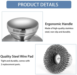 Onewly Lot de 2 brosses de <span class=keywords><strong>nettoyage</strong></span> de vaisselle écologiques en laine <span class=keywords><strong>d</strong></span>'acier avec manche en acier inoxydable pour casseroles et poêles en fonte - Product Image 6