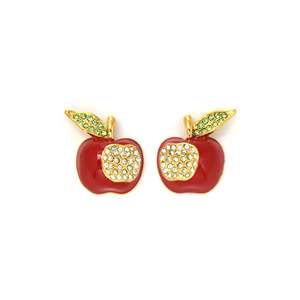 Boucles d'oreilles tendance en forme de pomme, émail rouge, plaqué or, détail cristal, acier inoxydable 316L, design durable - Product Image 1