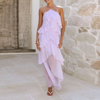 Robe longue décontractée pour femme, style licou, sans manches, dos nu, à nouer, à volants, à étages, élégante, mode, vente en gros, usine, marque privée