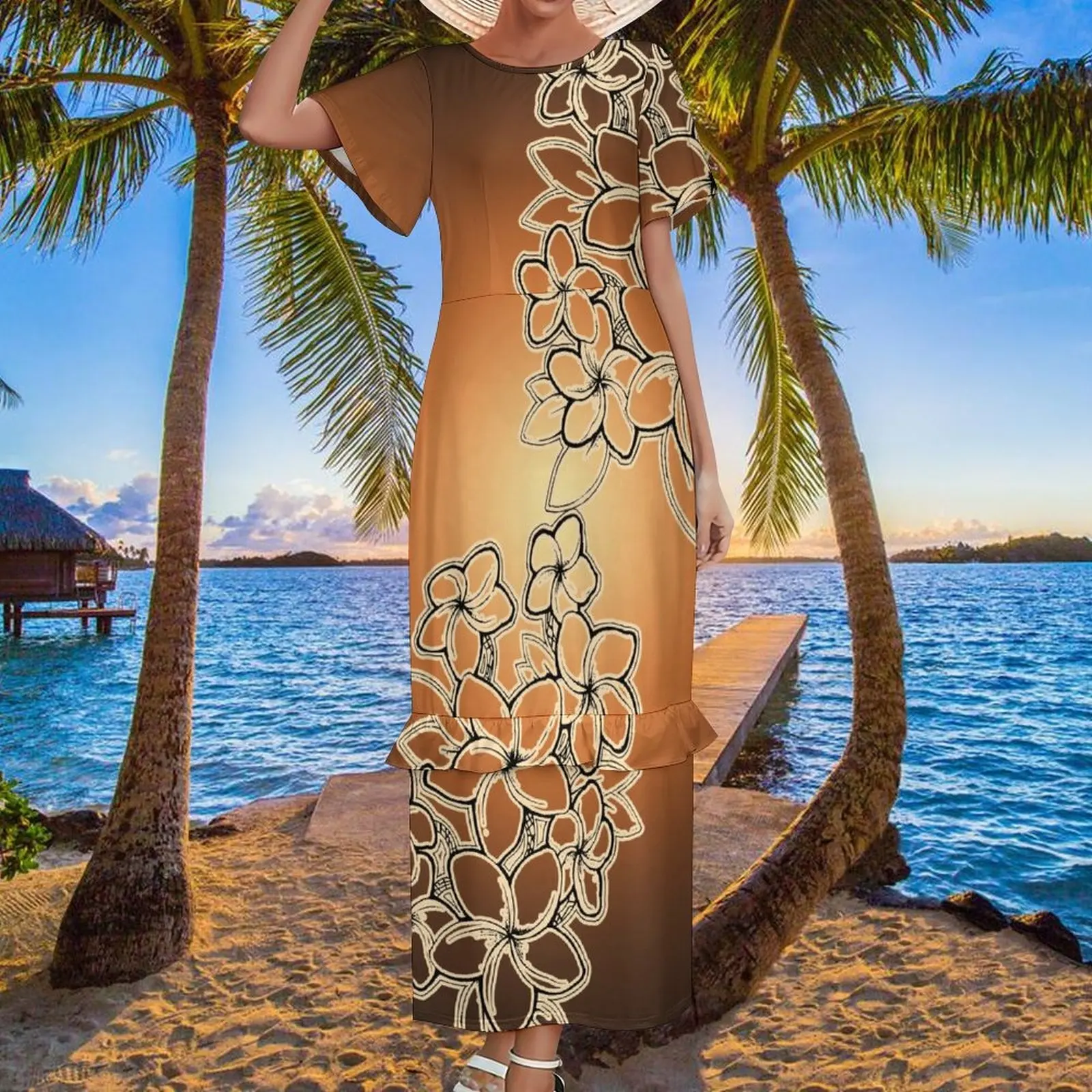 golden plumeria flowers casual plus size crewneck summer pencil dress polynesian tribal design elegant women tube dress long