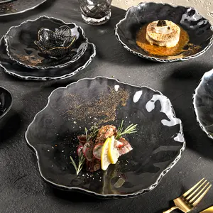 Platos de presentación de comida más vendidos, platos negros brillantes, plato de cena de cupé Irregular creativo de porcelana para buenos <span class=keywords><strong>restaurantes</strong></span> - Product Image 1