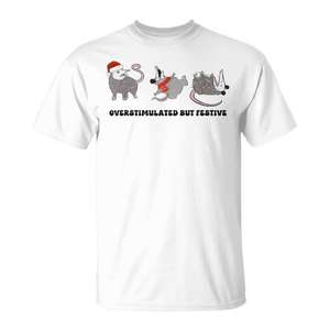 T-shirt de Noël Possum « Overstimulated But Festive » pour adulte, unisexe, à manches courtes, col rond, impression numérique - Product Image 1