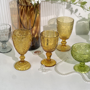 مجموعة كؤوس زجاجية ملونة منقوشة بتصميم عتيق، كؤوس نبيذ وماء ذات ساق قصيرة بلون صلب لحفلات الزفاف والمآدب - Product Image 3