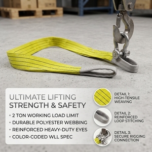 Sling de levage plat en polyester de qualité supérieure, 3 tonnes, jaune, double œillet, certifié CE, facteur de sécurité 6:1 pour grue, palan et équipement de levage - Product Image 1