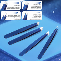 4 Uds pinzas de extensión de pestañas de acero inoxidable azul OEM juego de pinzas de cejas de precisión de cabeza plana puntiaguda inclinada