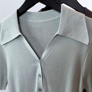 Factory Low MOQ Wool Cotton Viscose Nylon Knitwear <strong>Polo</strong> <strong>Neck</strong> Fine Knit Women Cardigan Half Sleeve Office <strong>Lady</strong> Sweater <strong>Jumper</strong> - Product Image 6