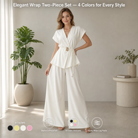 Setelan Kantor Wanita Ukuran Besar, Blus Peplum V-Neck Lengan Pendek Berpinggang Ramping, Celana Panjang High Waist Model Flare, 2 Potong, 2026