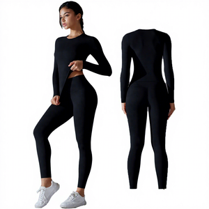 2 Piece Solid Black Long Sleeve Crew Neck <b>Crop</b> <b>Top</b> & High Waist Full Length Leggings Yoga Set - Product Image 1