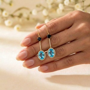 Natural Sky Blue Topaz and Black Obsidian Oval Round <b>Dangle</b> <b>Earrings</b> in 925 Sterling <b>Silver</b> or 18K Gold Filled Faceted Gemstone - Product Image 4