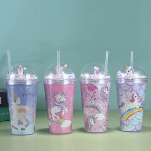 Unicorn Plastic Cup With Plush Toy Lid 500Ml Portable Cartoon Drinkware For Kids Party Use - Product Image 1