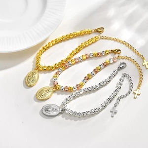 Pulsera de cuentas con cruz de la Virgen María, chapada en oro de 18 quilates, de acero inoxidable, moderna y religiosa, para aniversarios. - Product Image 4
