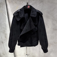 Veste en cuir d'agneau véritable de luxe pour femme, style motard court, avec revers en daim, coupe oversize