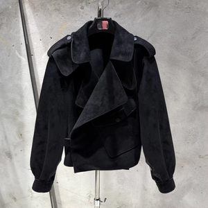 Chaqueta de Cuero de Oveja Auténtica de Lujo para Mujer, Chaqueta Corta de Gamuza con Solapa, Estilo Motero, Talla Grande - Product Image 3