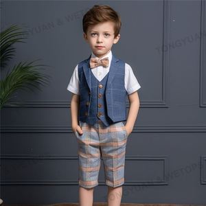 Abbigliamento personalizzato Tuxedo per bambini abito corto 3 pezzi blu <span class=keywords><strong>a</strong></span> quadri gilet abito da ragazzo formale per l'estate - Product Image 3