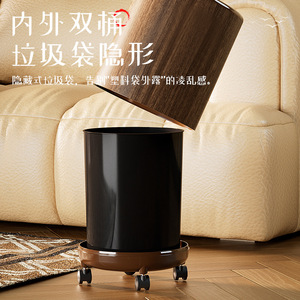 Wood Grain Trash Can Cylindrical With Wheels Indoor Use - Product Image 2