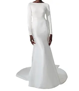 Vestido de noiva elegante, vestido de baile para casamento, mangas compridas, decote sabrina, simples, vestidos de casamento