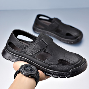 Men's Leather Sandals Flat Velcro Closure Breathable Hollow-out Design Slip-on Driving Shoes Black Brown Size 315 - Product Image 3