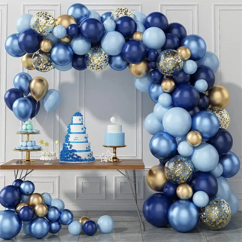 Groothandel Blauw Bruiloft Thema Night Metallic Gouden Ketting Baby 100 Dag Verjaardagsfeestje Macaron Pvc Decoratie Boog Latex Ballon Set