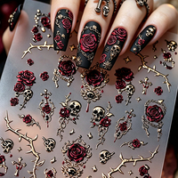 Autocollants pour ongles vintage punk gothique 5D en relief, rose rouge foncé, crâne, croix, autocollants adhésifs pour ongles pour Halloween, DIY