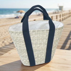 Cesta de mimbre y bolso de compras de paja con dos asas y cierre de cremallera, bolsos de moda ecológicos para mujer con forro de lona - Product Image 3