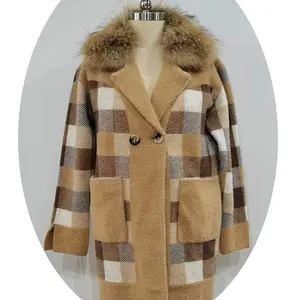 Nuova giacca invernale a quadri in lana trench con grandi bottoni e tasche con collo spesso caldo cappotto in cashmere da donna
