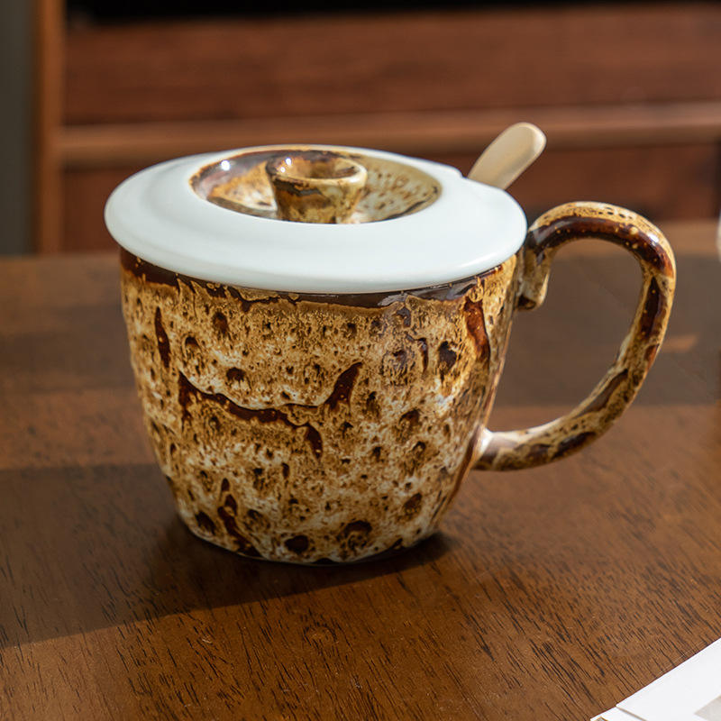 Tasse cuite au four à motif léopard bleu clair avec couvercle et cuillère