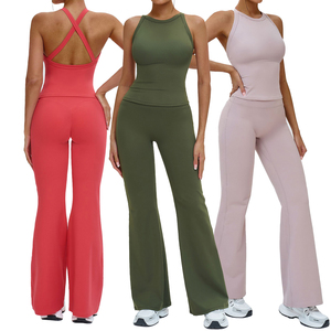 女性フィットネスジム服スポーツタンクトップピラティスソリッド通気性ワイドレッグパンツワークアウトヨガ衣装2点セット - Product Image 1