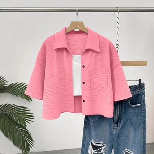 Kemeja Pendek Wanita Model Kerah Turun Kancing Saku, Gaya Kasual Slim Y2K Warna Solid, Atasan Blus Kantor Model Crop untuk Musim Panas - Product Image 2
