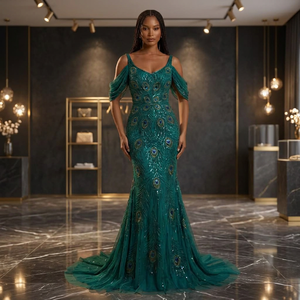 Robe de soirée en satin vert émeraude, coupe droite, épaules dénudées, grande taille, sans manches, longueur ras du sol, brodée de sequins, effet illusion - Product Image 1