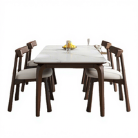 Ensemble de table à manger carrée en bois massif avec 6 chaises, couleur noyer, plateau en pierre, adapté aux petits appartements ou maisons