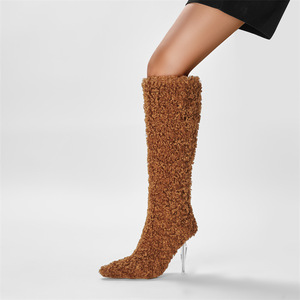 <span class=keywords><strong>Bottes</strong></span> personnalisées aux genoux de couleur marron pour l'hiver <span class=keywords><strong>bottes</strong></span> longues en laine avec doublure en fourrure à talon haut et à bout pointu en cristal pour femmes à talons - Product Image 6
