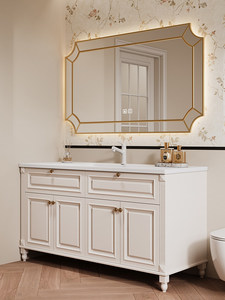French cream wind rock board seamless ceramic basin intelligent mirror floor standing American <b>oak</b> bathroom cabinet - Product Image 3