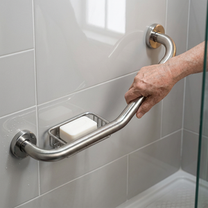 Barre d'appui murale en acier inoxydable avec porte-savon, antidérapante, chromée polie, main courante de sécurité pour salle de bain pour personnes âgées - Product Image 1