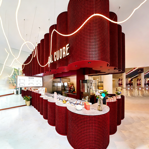 Airy Luxe Bakery & Coffee Market Stall Featuring Glass Display Case, Open Tiered Shelving, and Integrated Warm Lighting - Product Image 1