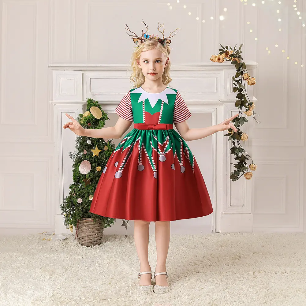 2022 high quality christmas eve costume holiday fancy princess satin little children style floral kids baby girl dresses