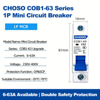 Interruptor Automático CHOSO COB1-63 AC MCB 6kA 1P, 6A 10A 16A 20A 25A 32A 40A 50A 63A Curva B/C/D PA66, Interruptor de Circuito en Miniatura para Montaje en Riel DIN 230V~