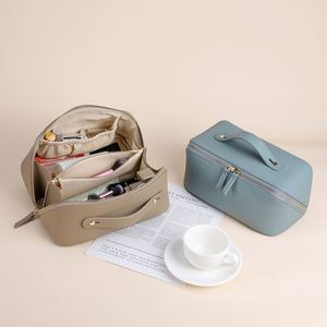 Sac à main multifonctionnel en cuir véritable pour femme avec double fermeture éclair, rangement portable pour cosmétiques - Product Image 4