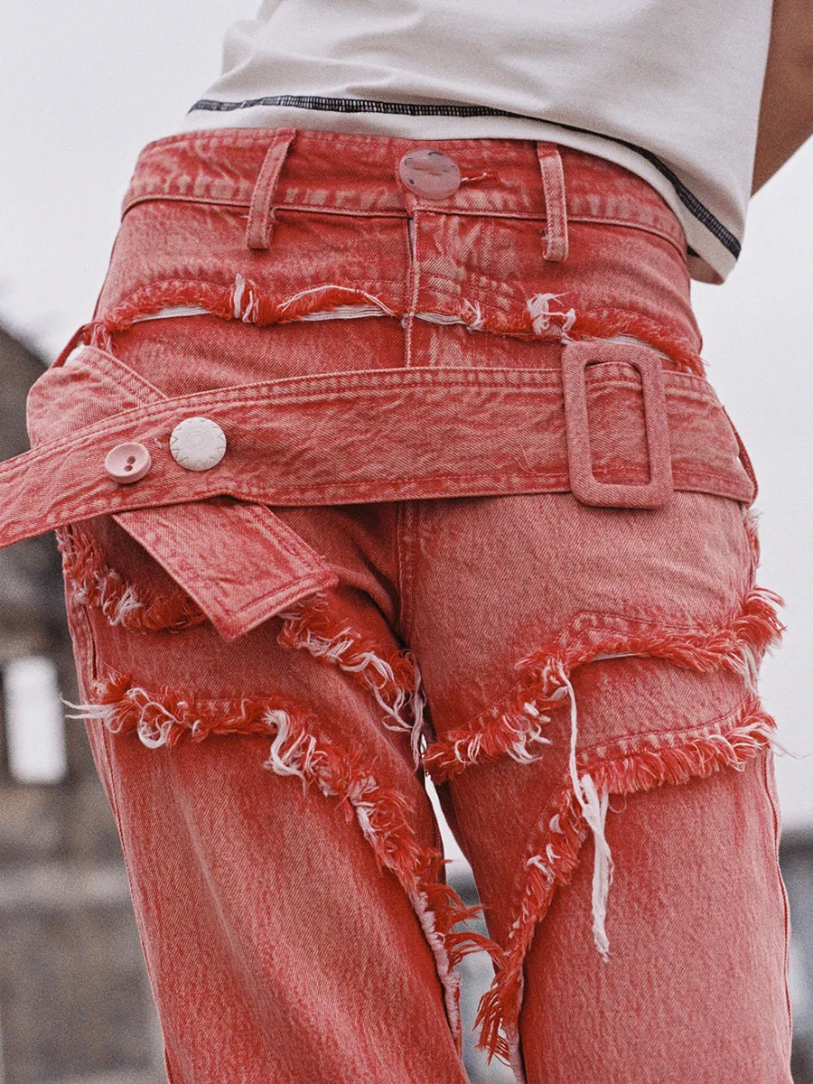 سروال جينز نسائي بنمط الهيب هوب, سروال جينز نسائي باللون الأحمر المتوهج ، سروال جينز ممزق ويمكن غسله عند الركبة ، سروال دينم بتصميم قابل للفصل