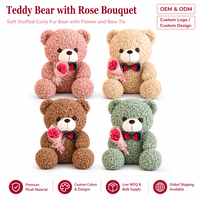 Ours en peluche avec bouquet de roses, ours en fourrure bouclée douce avec fleur et nœud papillon, quatre couleurs, OEM ODM, vente en gros personnalisée