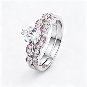Anillos de Compromiso y Matrimonio de Plata de Ley S925 con Circonita Cúbica Rosa y Transparente en Corte Corazón Brillante para Parejas - Product Image 1