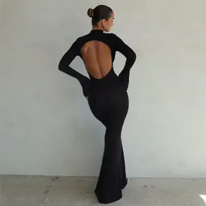 Vestido de Nina Châu Âu và Mỹ gió mới của phụ nữ thời trang vòng Cổ Dài Tay Áo sexy backless Slim Bud Dress