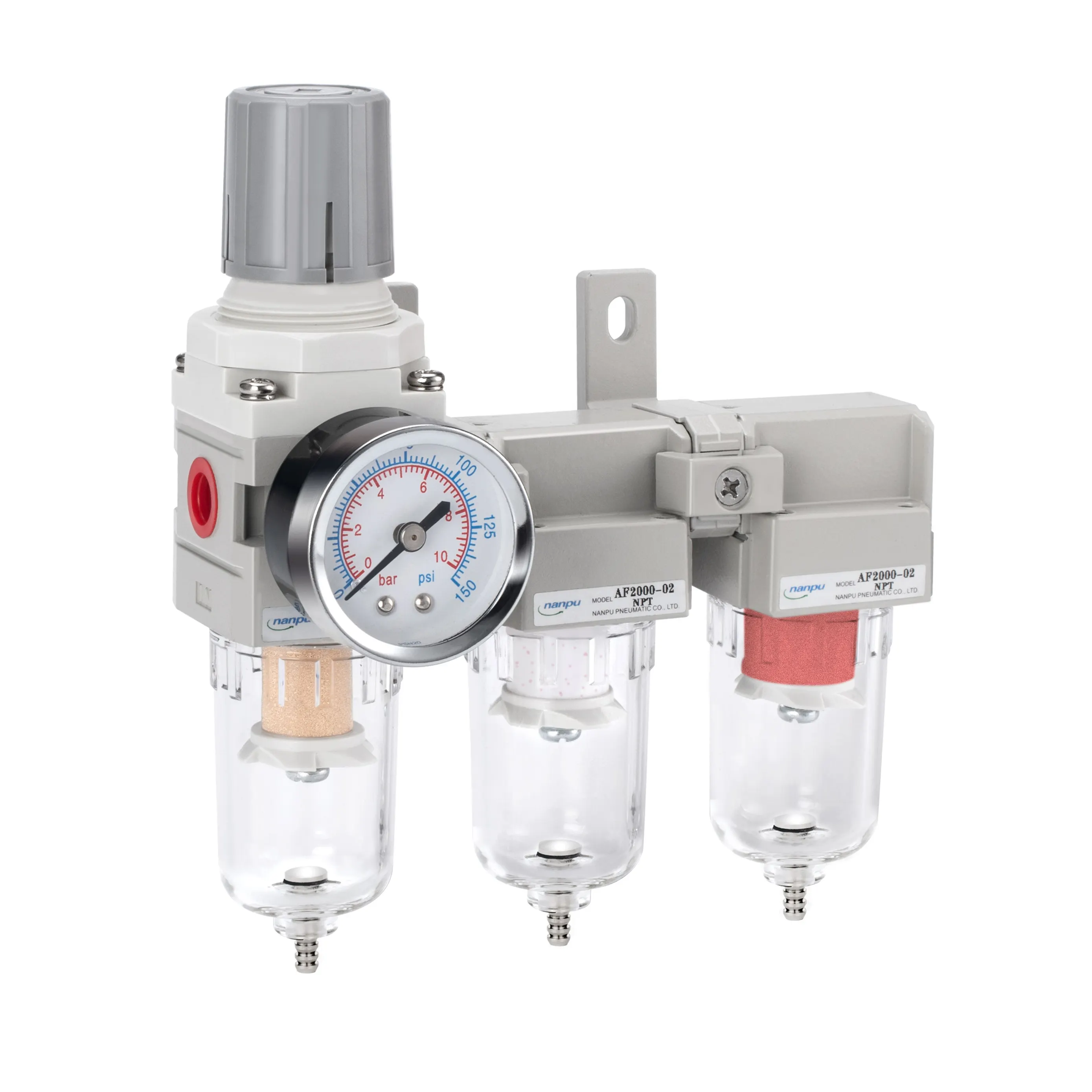 Unité de traitement d'air à trois étages NANPU-filtre à particules de 5 microns, filtres de coalication de 0.5 à 0.01 microns, régulateur de pression d'air