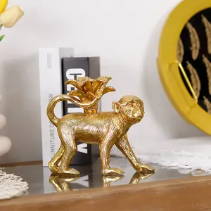 Redeco Resin Gold Animal Sculpture Monkey Candle Holder Home Decoration Items