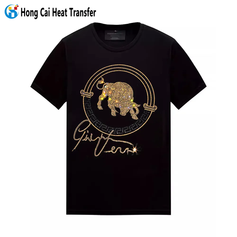 Hongcaiカスタムラインストーン伝熱ブランクTシャツブリングスカルデザインラインストーンパターンTシャツ