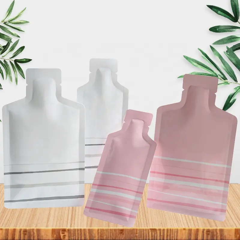 Pink and white Heat sealing special bottle shaped aluminum foil plastic bags for drinks skin care product shampoo