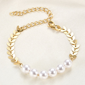 Bracelet chaîne en forme de feuille dorée pour femmes, avec perles d'imitation, bijoux à la mode, cadeau - Product Image 3