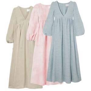 2026 été musulman élégant dame lanterne manches col en v à lacets dos Maxi dames longues femmes Peplum Vestidos décontracté 100% robe en lin - Product Image 6