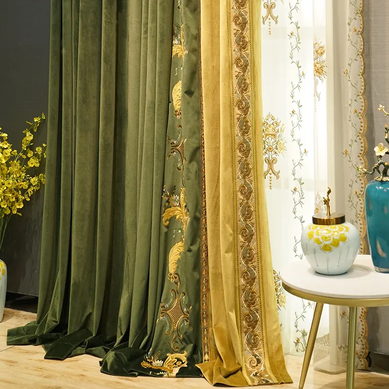 Luxury European style velvet embroidered curtains, retro French dark green finished curtains for living room