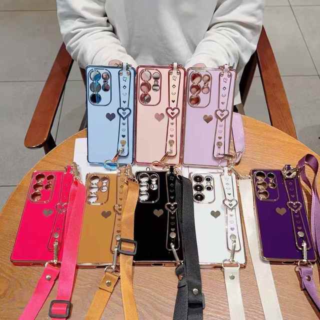 Heart Pattern Wrist Strap and Sling Phone Case for iphone 18 17 16 15Pro Max Phone Accessories for samsung S25 S24 ultra A35 A55